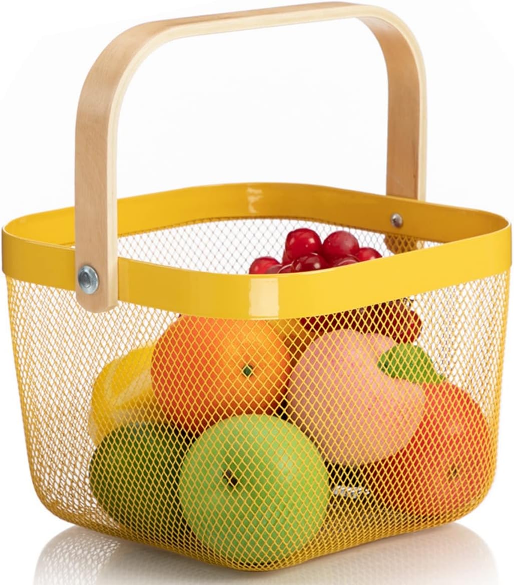 Mesh Steel Storage Organizer Basket Fruit Basket Bin with Wood Handle Ideal for Kitchen Bathroom Picnic Baskets Pantry Cabinets Storage Home Decor (White)