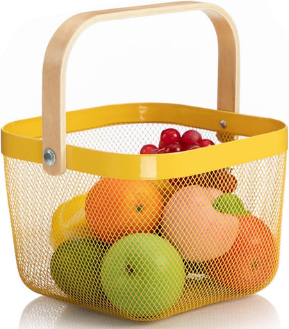 Mesh Steel Storage Organizer Basket Fruit Basket Bin with Wood Handle Ideal for Kitchen Bathroom Picnic Baskets Pantry Cabinets Storage Home Decor (White)