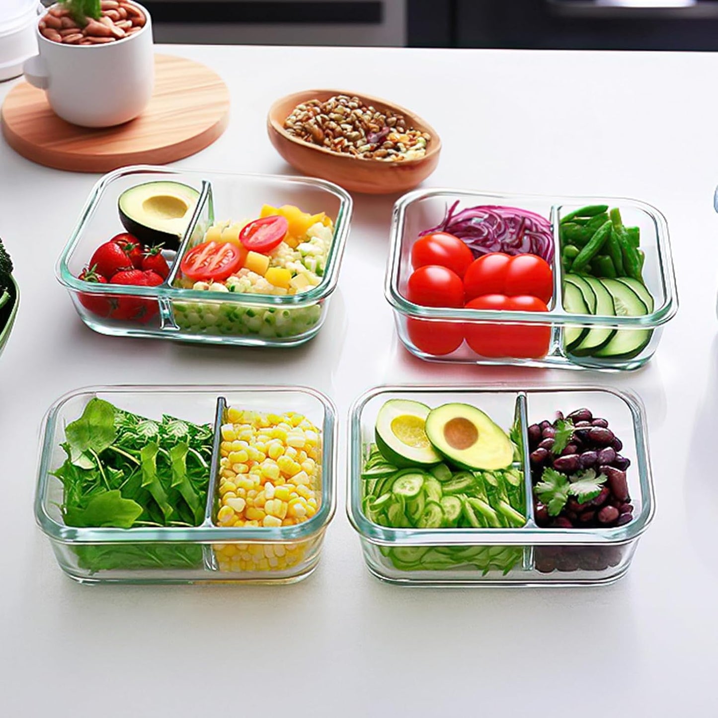 M MCIRCO [10-Pack,30 Oz Glass Meal Prep Containers 2 Compartments Airtight Lunch Bento Boxes with Lids, Glass Food Storage Containers, Microwave, Oven, Freezer and Dishwasher, White