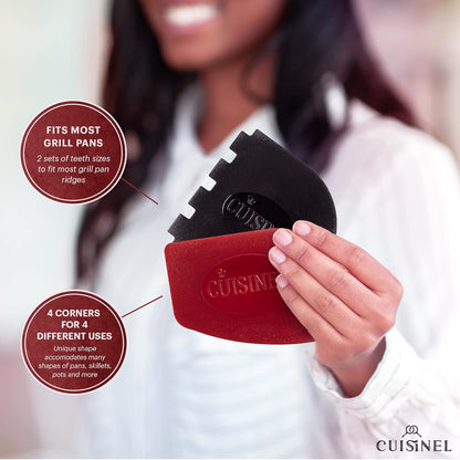 Cuisinel Cast Iron Scrubber Cleaning Brush + Pan/Grill Scraper - Skillet and Grill Cleaner Kit - Soft-Touch Confident-Grip Dish Scrub Tool - Tough on Grease, Gentle on Metal and Non-Stick Cookware