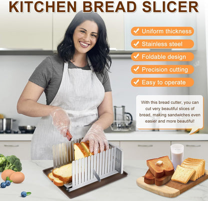 Stainless Steel Bread Slicer, Adjustable Width 5.5-8.3 Inches for Homemade Bread Sourdough Bagels Cakes, Foldable Compact Design, 0.5 Inch Even Slices
