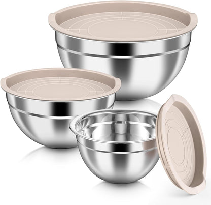 HaWare Mixing Bowls with Airtight Clear Lids, 6-Piece Stainless Steel Strong Nesting Bowls Set, Metal Salad Bowl for Cooking, Prepping, Baking, Serving & Food Storage, Size 4.6, 3, 1.5QT, Khaki