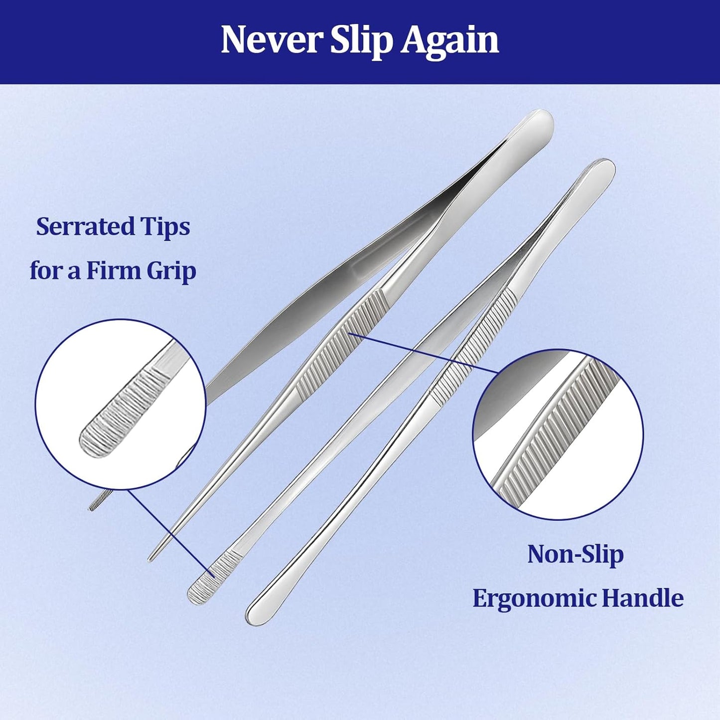 12-inch Stainless Steel Cooking Tongs & Tweezers, Non-Slip Grip & Serrated Tips for Grilling, Baking, Garnishing, BBQ, Kitchen & Craft Use (Round Tip)