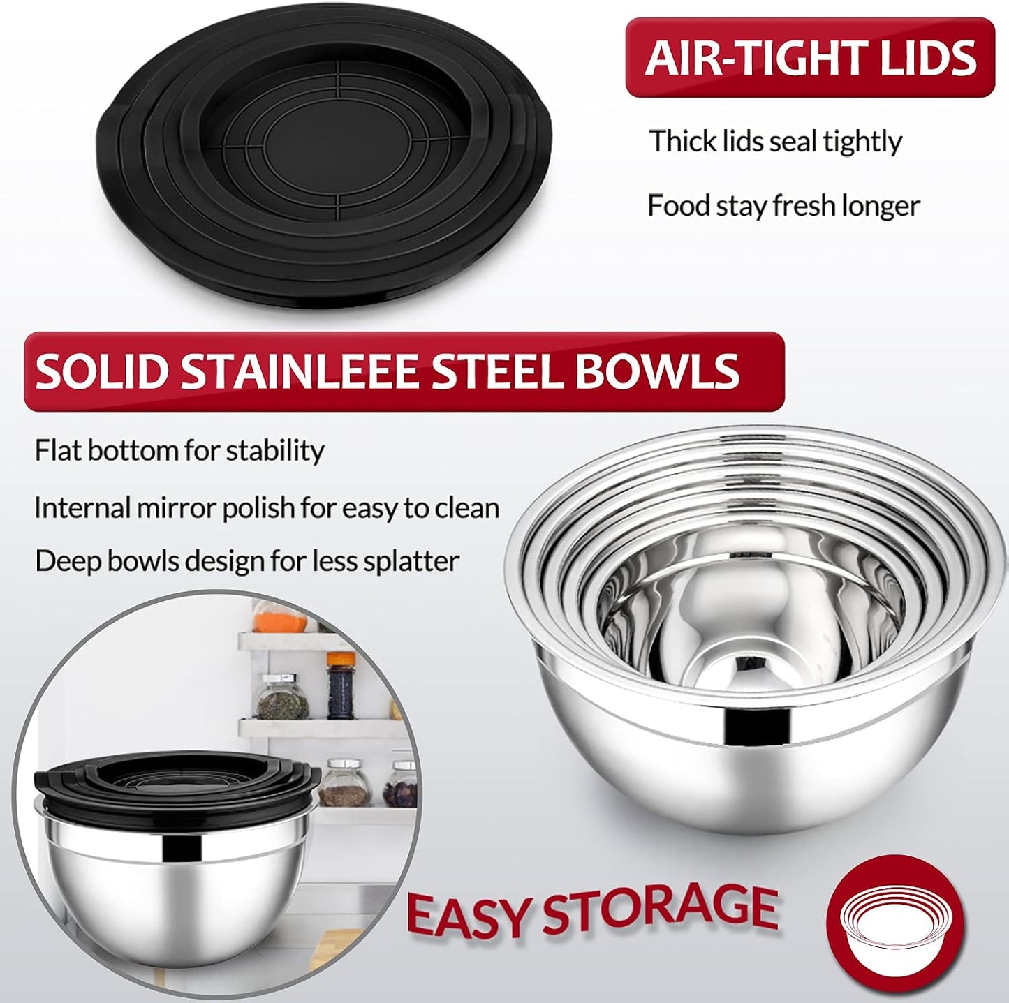 E-far Mixing Bowls with Lids Set of 5, Stainless Steel Mixing Bowls Metal Nesting Bowls with Airtight Lids, Non-toxic & Dishwasher Safe, Great for Cooking, Baking, Serving - Size 0.7/1/1.5/3/4.6QT