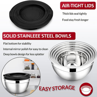 E-far Mixing Bowls with Lids Set of 5, Stainless Steel Mixing Bowls Metal Nesting Bowls with Airtight Lids, Non-toxic & Dishwasher Safe, Great for Cooking, Baking, Serving - Size 0.7/1/1.5/3/4.6QT