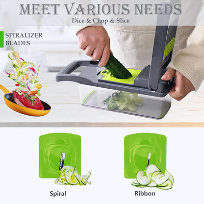 Vegetable Chopper Dicer with Container | Cheese Grater Mandoline Slicer Cabbage Shredder French Fry Cutter Stainless Steel for Veggie Onion Potato Fruit Food, Manual Hand Cooking Gadget for Kitchen