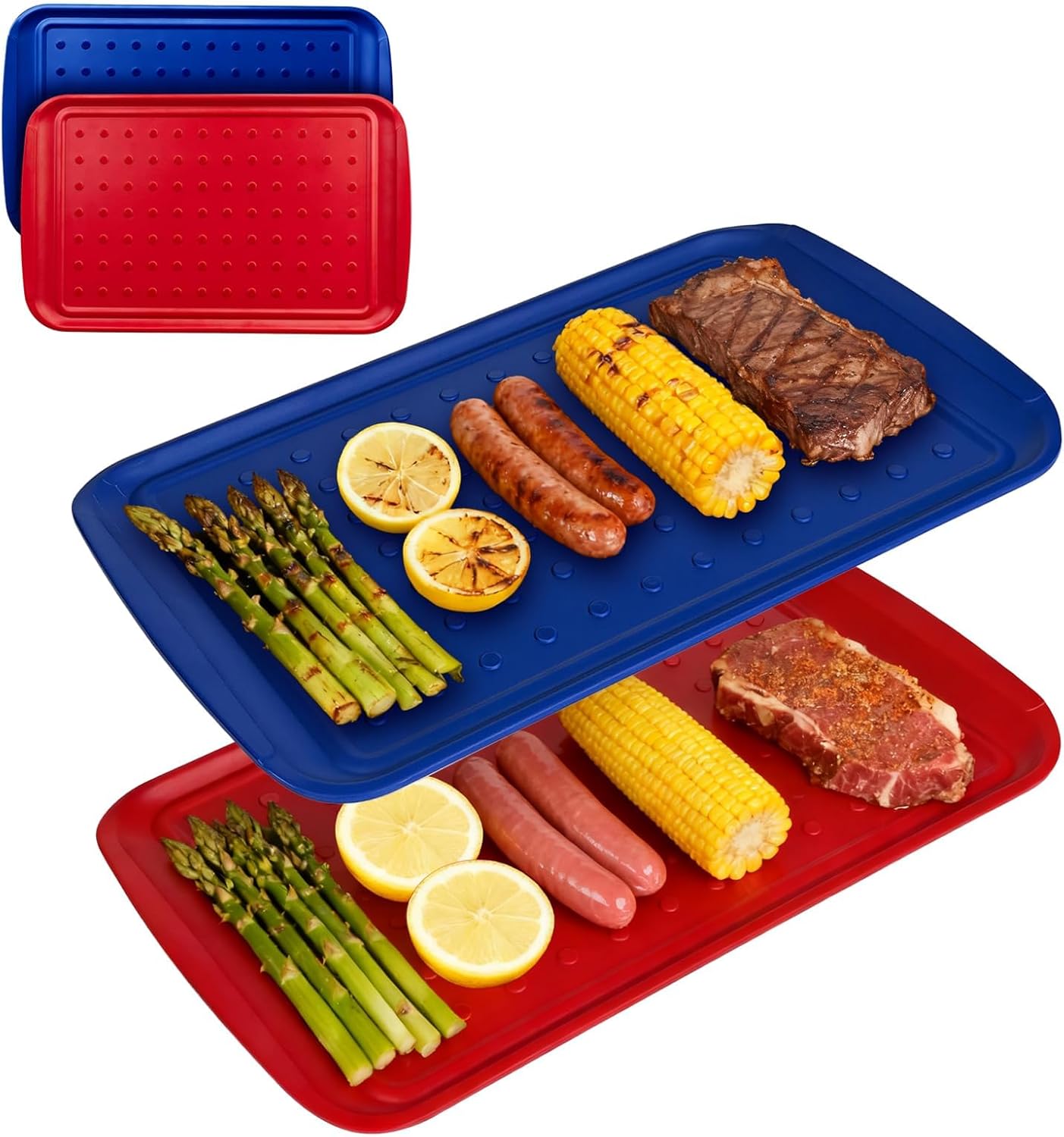 17 Inch Grilling Prep & Serve Trays with Non-Slip Base, Extra Thick,Warp-Resistant BBQ Platter Set for Cooking, Backyard Parties,Camping,Tailgating,Melamine Serving Trays for Food Prep,Red & Black