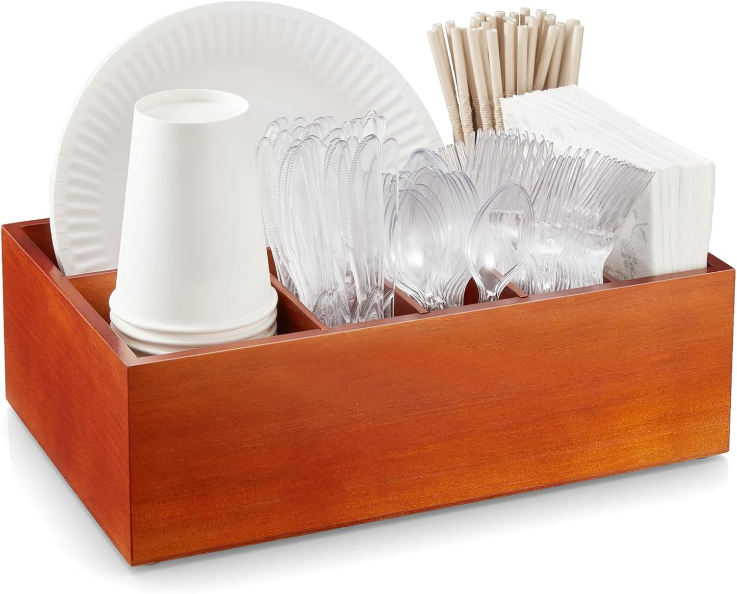 Black Utensil Holder for Party - Wooden Paper Plate and Utensil Caddy for Countertop - Silverware Caddy for Cup Fork Spoon Napkin - Cutlery Organizer for Kitchen Camping Buffet Picnic
