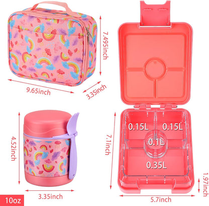 Bento Lunch Box Set for Kids with 10oz Soup Thermo, Leak-Proof Lunch Containers with 4 Compartment, Kids Thermo Hot Food Jar and Insulated Lunch Bag for Kid to School,BPA-Free(Dragon)