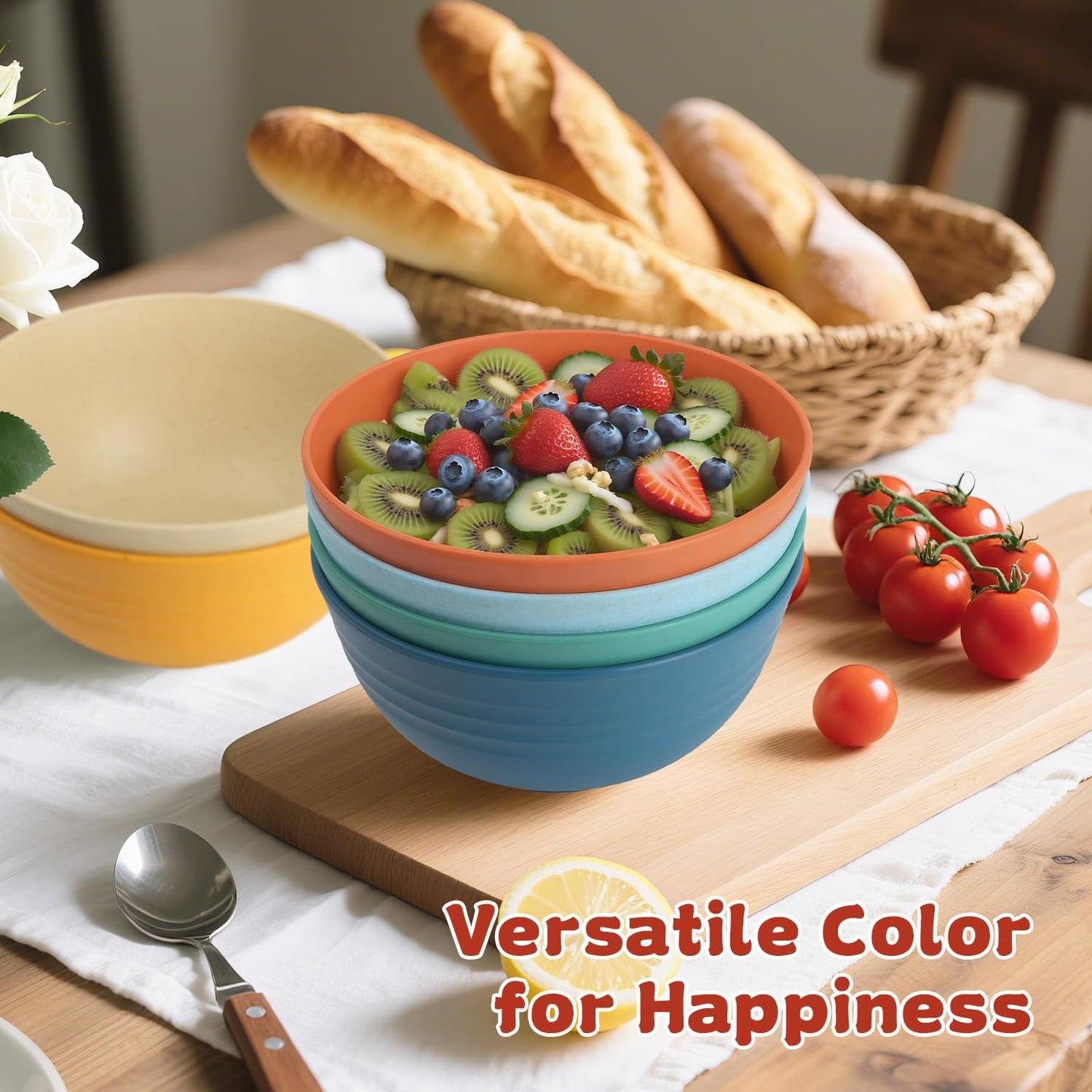 Wrova Wheat Straw Bowls for Kitchen set of 6,Anti-Scald Thick Soup Bowls 40oz,Microwave and Dishwasher Safe Bowl Sets, Unbreakable Cereal Bowl Sets. Vibrant Series