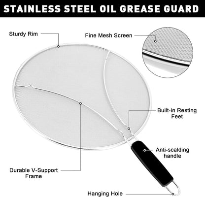 11 Inch Grease Splatter Screen for Frying Pan, Stainless Steel Fine Mesh Oil Splash Guard to Prevent Burns & Keep Kitchen Clean