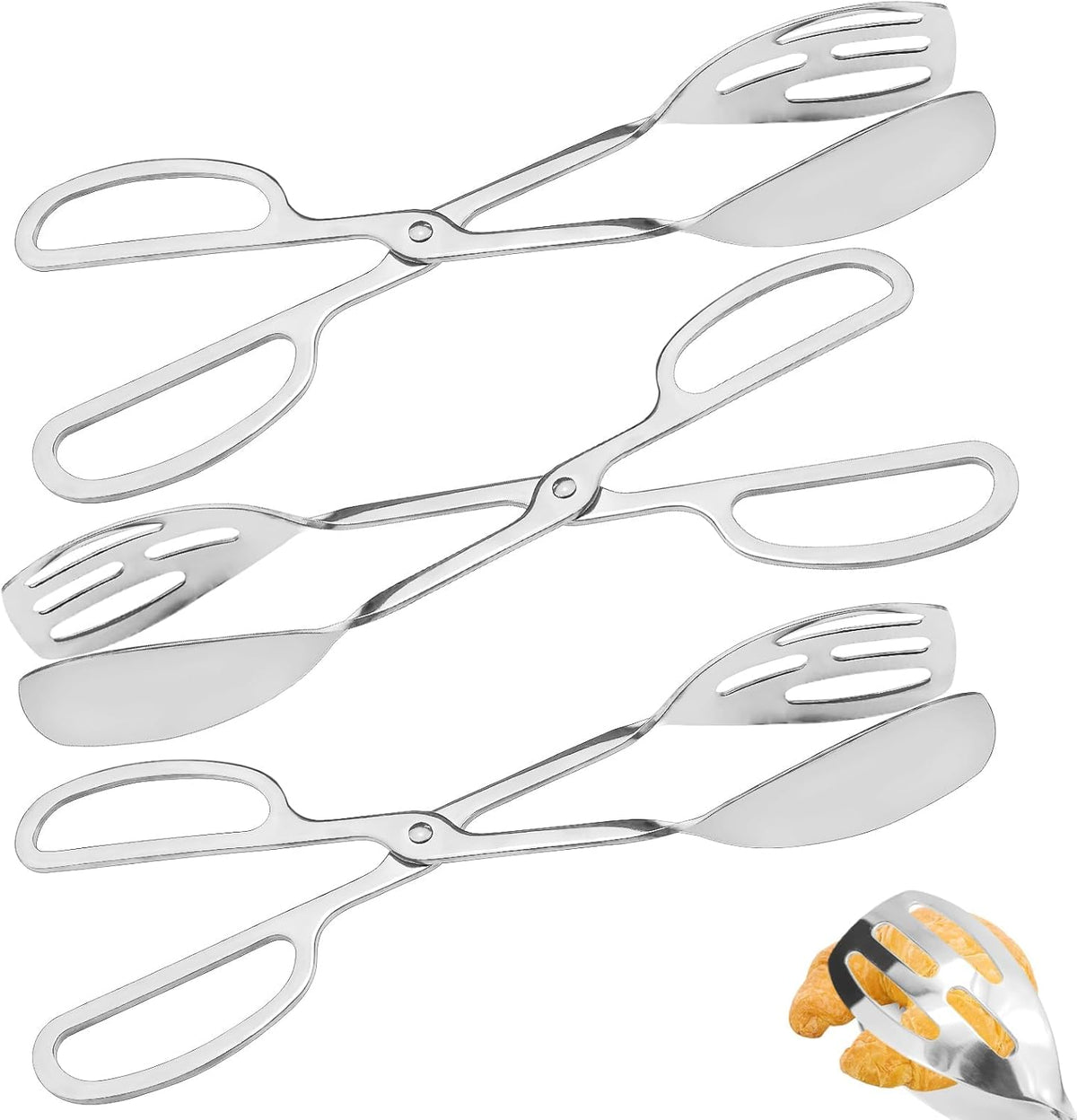 3 Pieces Buffet Serving Tongs, Salad Tongs for Kitchen Serving, Stainless Steel Food Scissor Tongs, Thickening Food Serving Tongs for Home Party Bread Cake Bake Steak Barbecue Buffet Catering (Silver)