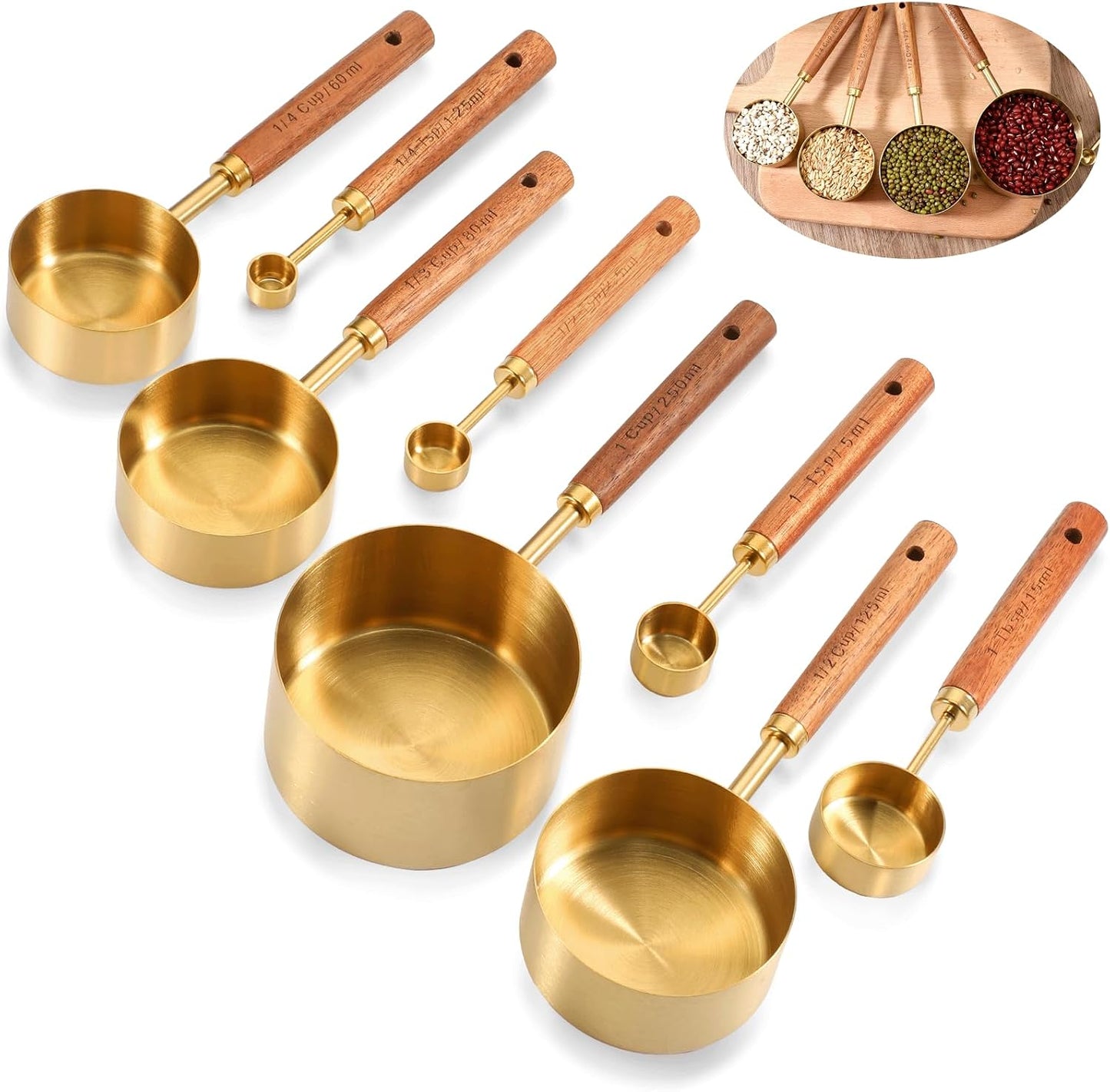 SHENLIU 8 Pcs Measuring Cups and Spoons Set, Black Stainless Steel Measuring Cups with Wooden Handle, Metal Measurings Spoons Set Nesting Kitchen Measure for Kitchen Baking