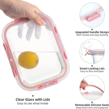 UMEIED 10 PACK Glass Food Storage Containers with Leak Proof Lids, Glass Airtight Meal Prep Containers Set for Lunch, On the Go, Leftover, Kitchen Pantry Organizers and Storage (Pink)