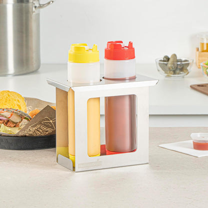 Restaurantware Stainless Steel Bottle Organizer - 1 Count - 6.299 x 7.087 x 0.394 Inches - Dishwasher-Friendly Condiment Holder - Kitchen Bottle Rack - Space-Saving Design - Silver