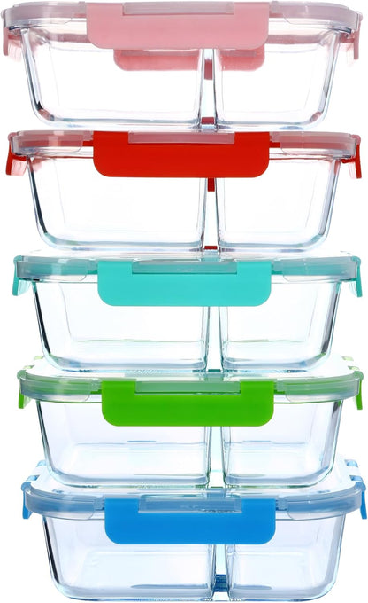 5 Pack 30oz Glass Meal Prep Containers - 2 Compartment Glass Food Storage Containers with Lids, Airtight Bento Boxes, Oven, Freezer & Dishwasher Safe
