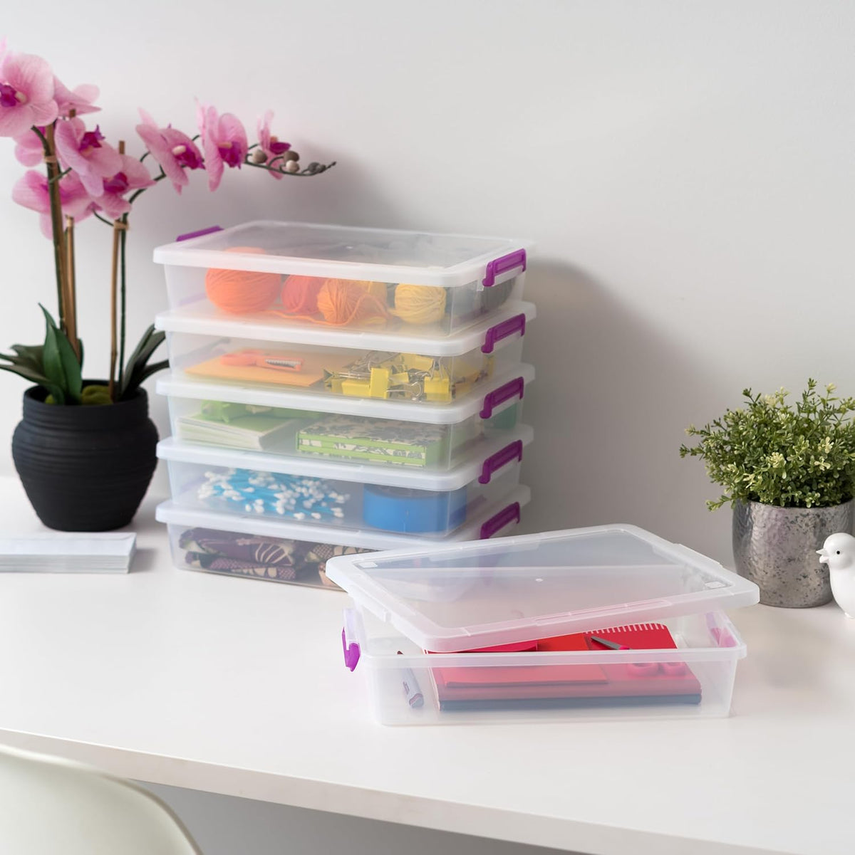 IRIS USA 5 Qt. Plastic Craft Storage Container Bins with Lids, 6 Pack, Small Art & Office Supply Organizer Tote, Sensory Bins & Boxes for Home & University, Stackable, Carry Handle, Clear