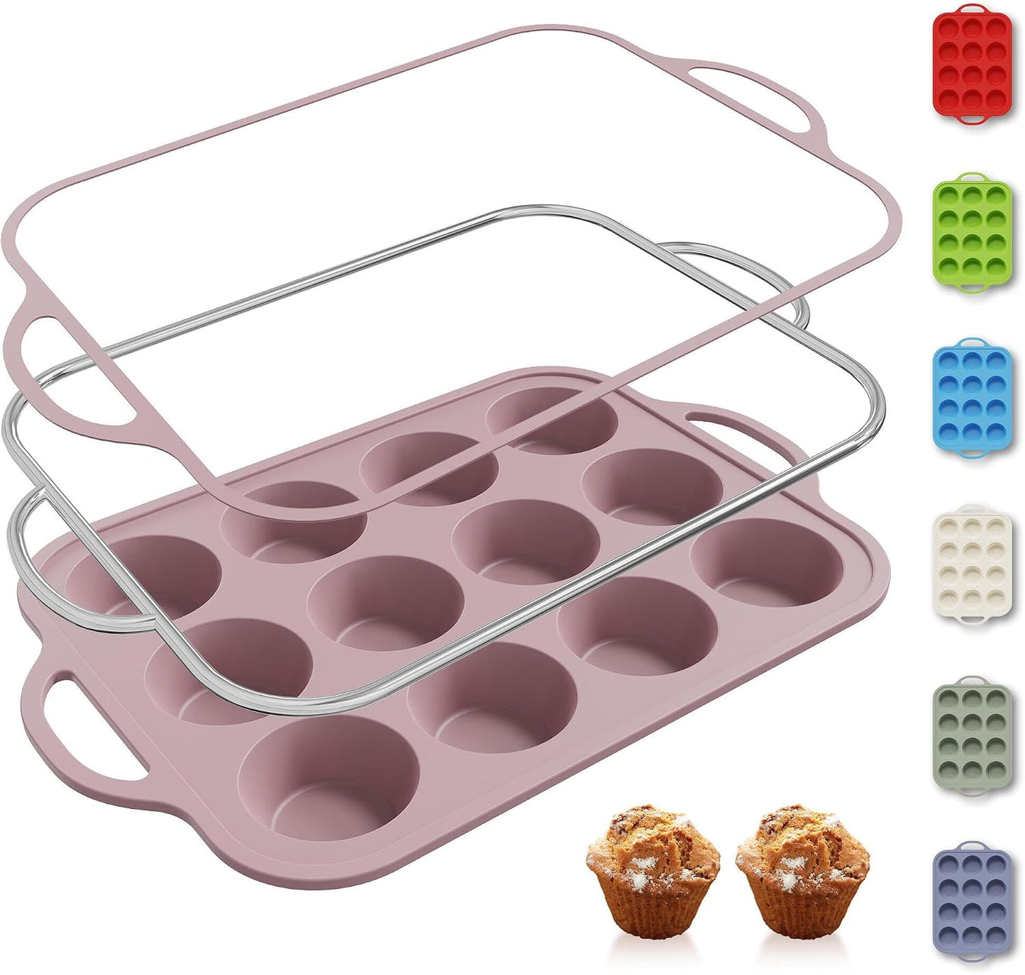 2 Packs 12 Cups Silicone Muffin Pan for Baking with Metal Reinforced Frame Regular Size Cupcake Pan Tray Egg Bites Silicone Cookie Molds Muffin Tin Tart Pans Sheet Set for Oven Dishwasher Safe