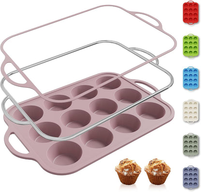 2 Packs 12 Cups Silicone Muffin Pan for Baking with Metal Reinforced Frame Regular Size Cupcake Pan Tray Egg Bites Silicone Cookie Molds Muffin Tin Tart Pans Sheet Set for Oven Dishwasher Safe