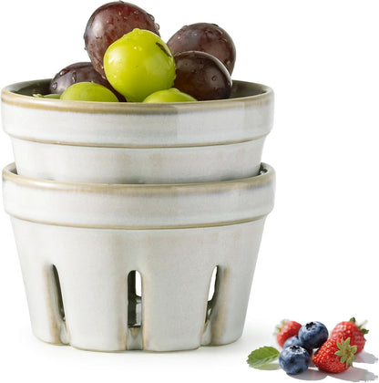Gomakren Berry Bowls with Holes Ceramic, Berry Washing Bowl Basket Set of 2, 5.8 Inch Round Fruit Bowl Storage Containers, Strawberry Baskets, Farmhouse Kitchen Decor, Yellow + Brown