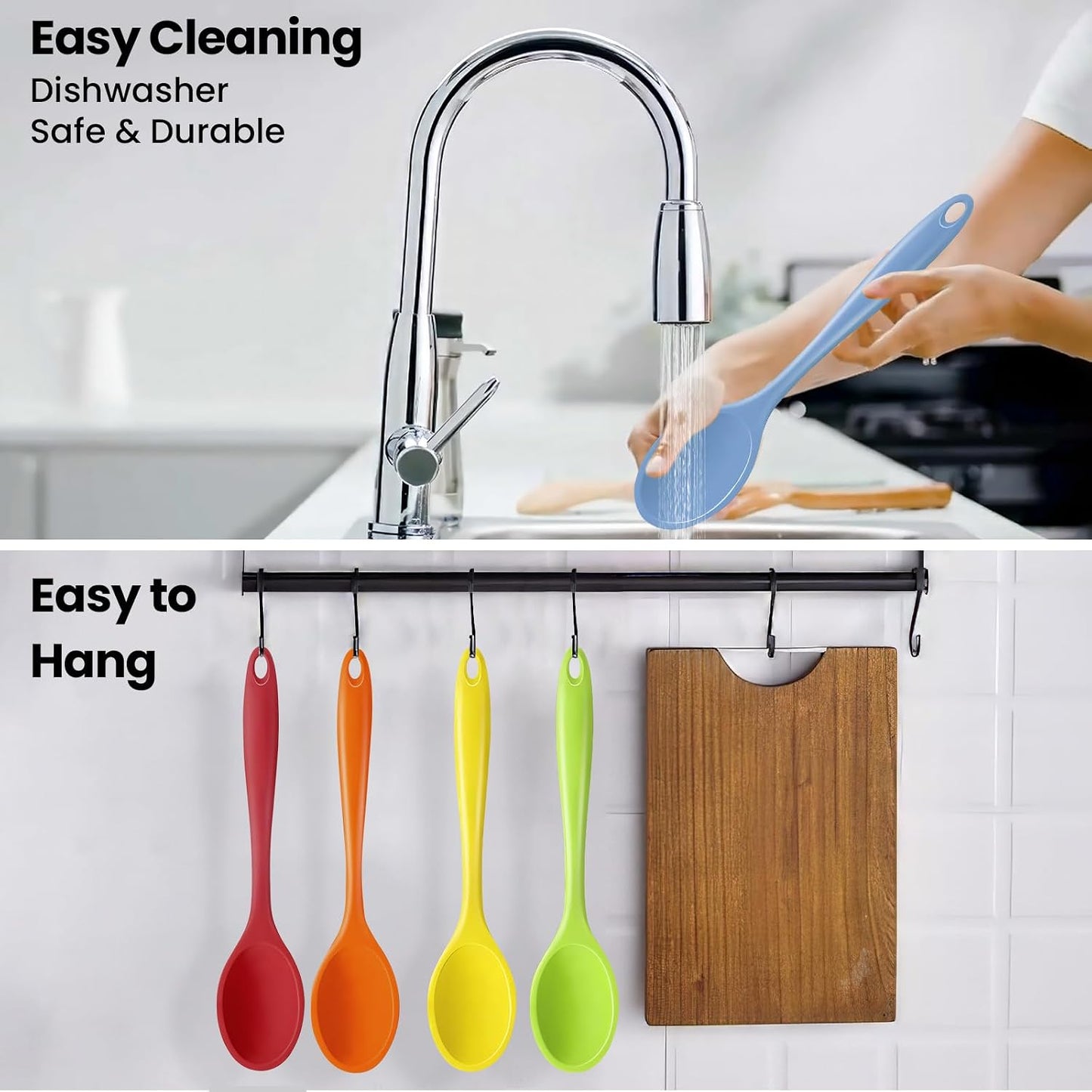 GEEKHOM Silicone Cooking Spoons, 4 Pieces 8" Heat Resistant Silicone Kitchen Utensils Set Serving Stirring Spoons for Non Stick Cooking, Mixing, Basting, Baking, Black+Red+Gray+Blue