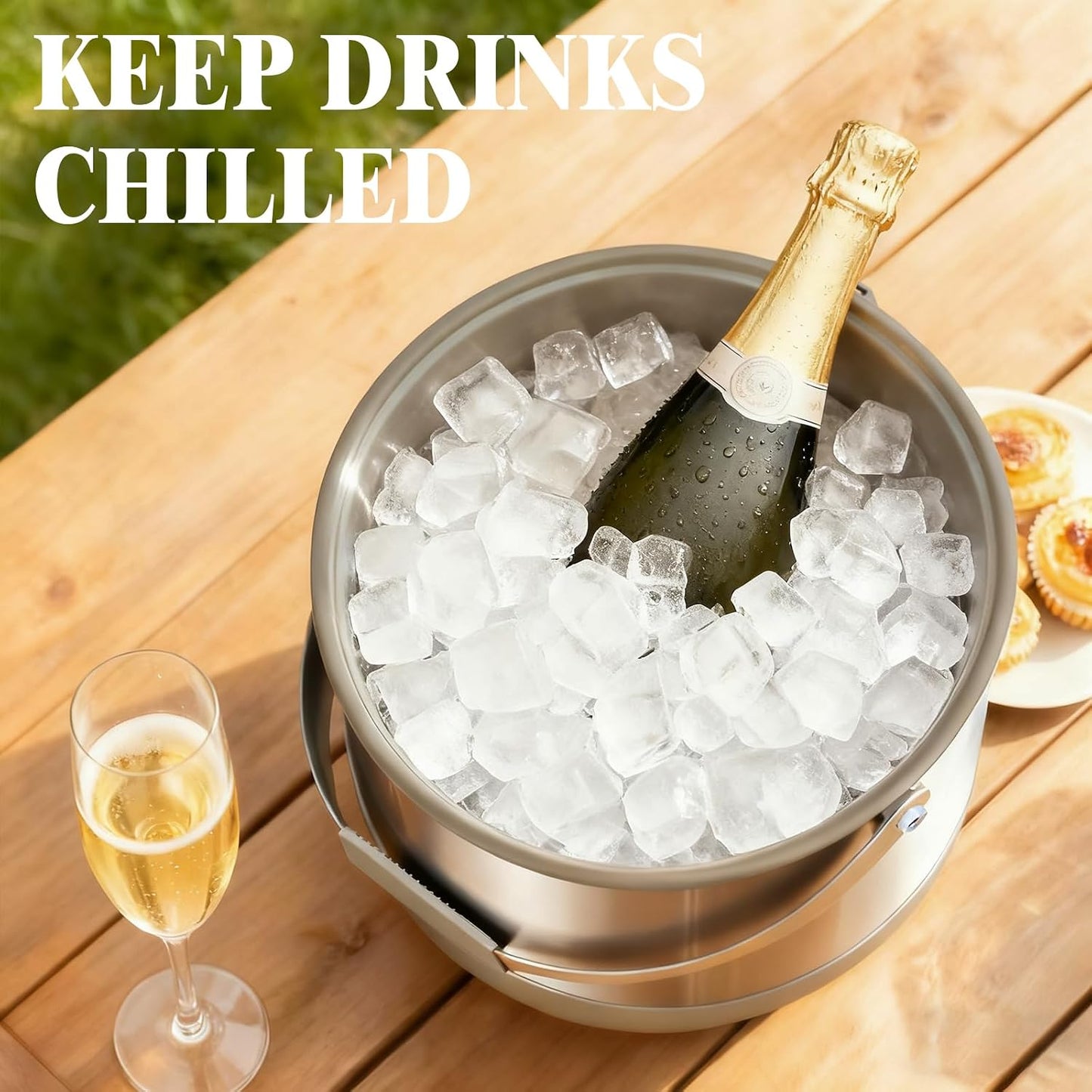 5QT/4.8L Insulated Ice Bucket for Parties, Large Capacity Double-Wall Beverage Bucket with Scoop & Lid for Champagne, Wine, Cocktail (Black)
