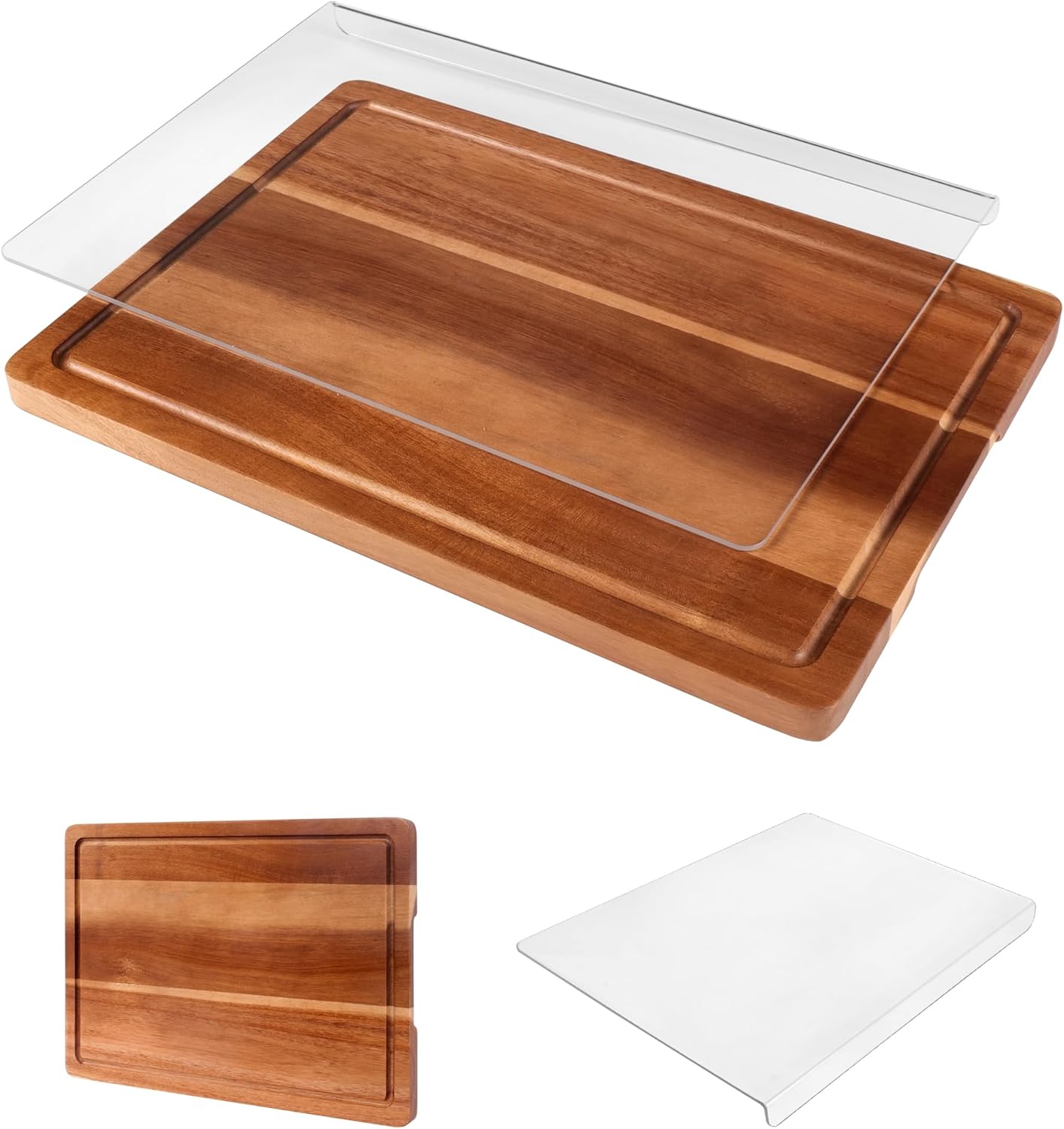 Cutting Board Set of 2 – Checkered Wood & Acrylic Cutting Board with Counter Lip for Kitchen Counter, Wood Checkerboard Chopping Board with Juice Grooves for Vegetables, Fruits, Meat