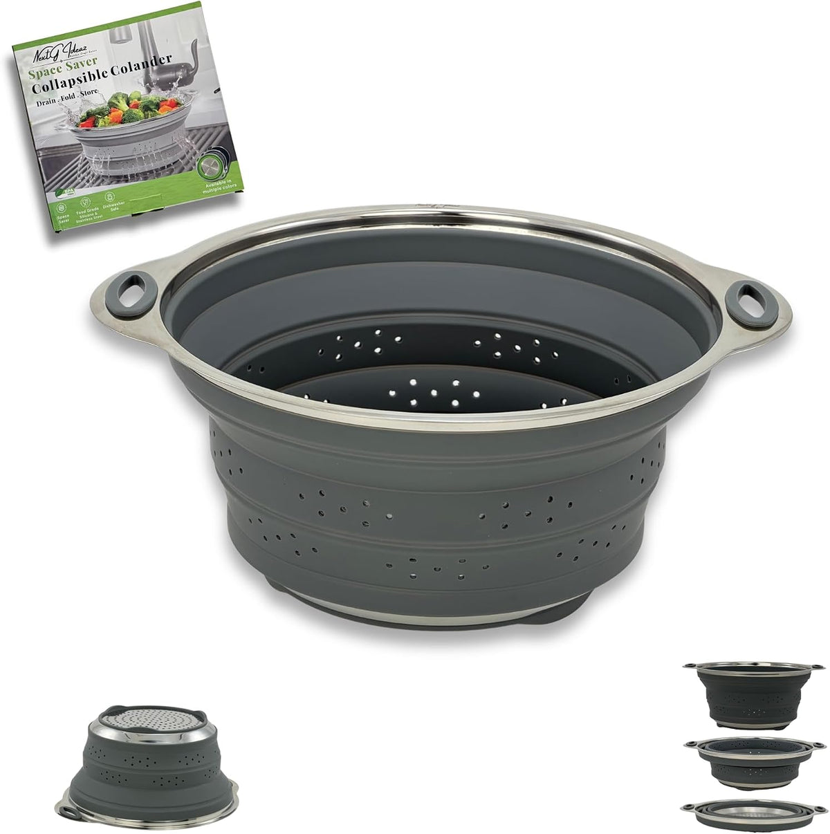 Collapsible Silicone & Steel Colander, Strainer, Large, Gray