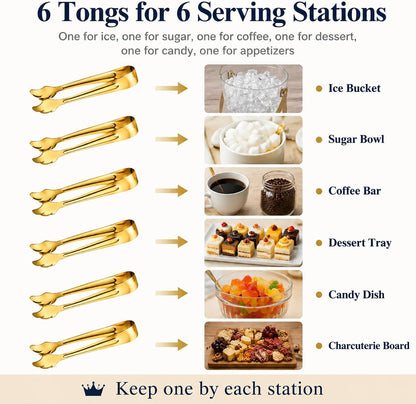 6-Piece Gold Mini Tongs, 4.33" Stainless Steel Ice Tongs for Ice Bucket