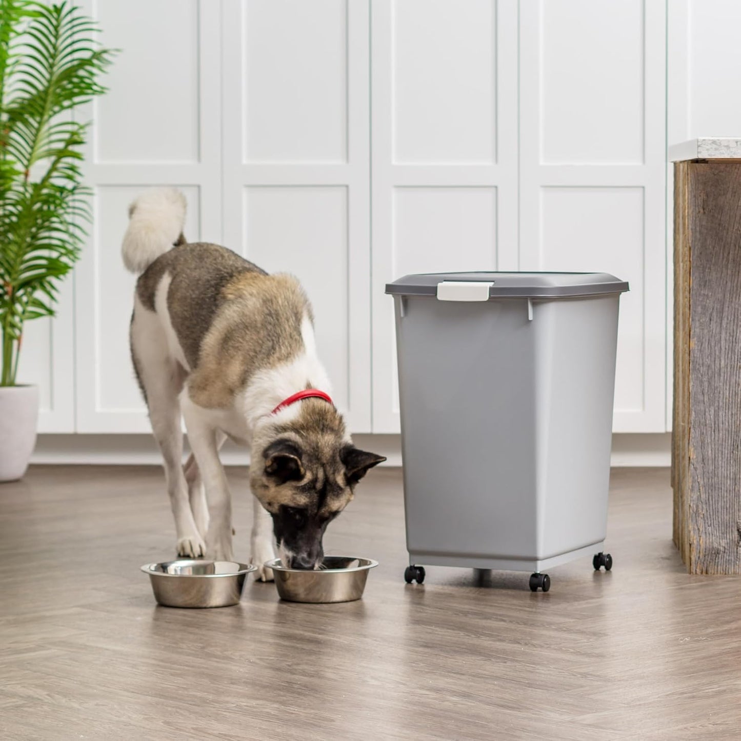 IRIS USA Dog Food Storage Container with Wheels, Airtight Lid, 2-Cup Scoop, Up to 30 Pounds Pet Food Storage, Built in Scoop Storage in Lid, Versatile Pet Food Bin, Portable, BPA Free, Gray/Dark Gray