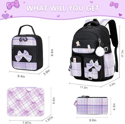 ACESAK Backpack for Girls - Bento Box with Insulated Lunch Bag Pencil Case & Utensils Set for Kids, 4 Leakproof Compartments Removable Tray Lunches or Snack Container for School (Black Purple)