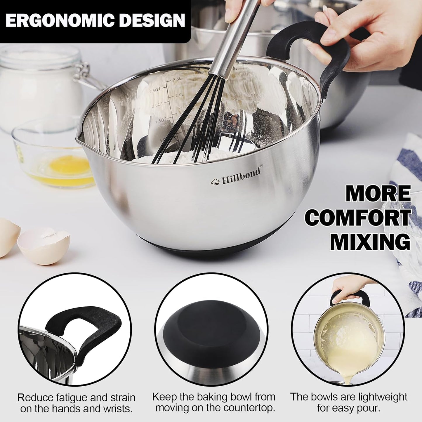 Hillbond Stainless Steel Bowls with Lids Set Mixing Bowls with Pour Spout, Silicone Handle and Non-Slip Bottoms for Baking, Metal Bowls Mixing Dishwasher Safe, Set of 3, Mother’s Day Gift (Black)