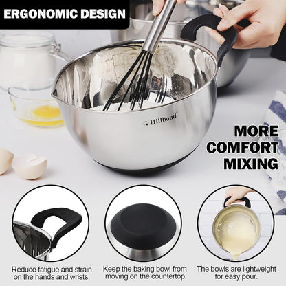 Hillbond Stainless Steel Bowls with Lids Set Mixing Bowls with Pour Spout, Silicone Handle and Non-Slip Bottoms for Baking, Metal Bowls Mixing Dishwasher Safe, Set of 3, Mother’s Day Gift (Black)
