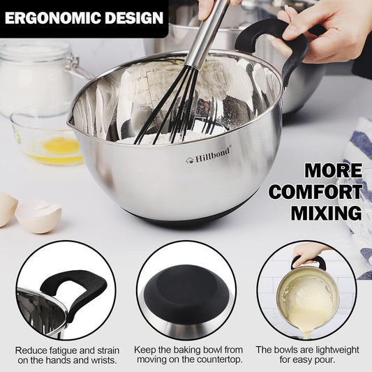 Hillbond Stainless Steel Bowls with Lids Set Mixing Bowls with Pour Spout, Silicone Handle and Non-Slip Bottoms for Baking, Metal Bowls Mixing Dishwasher Safe, Set of 3, Mother’s Day Gift (Black)