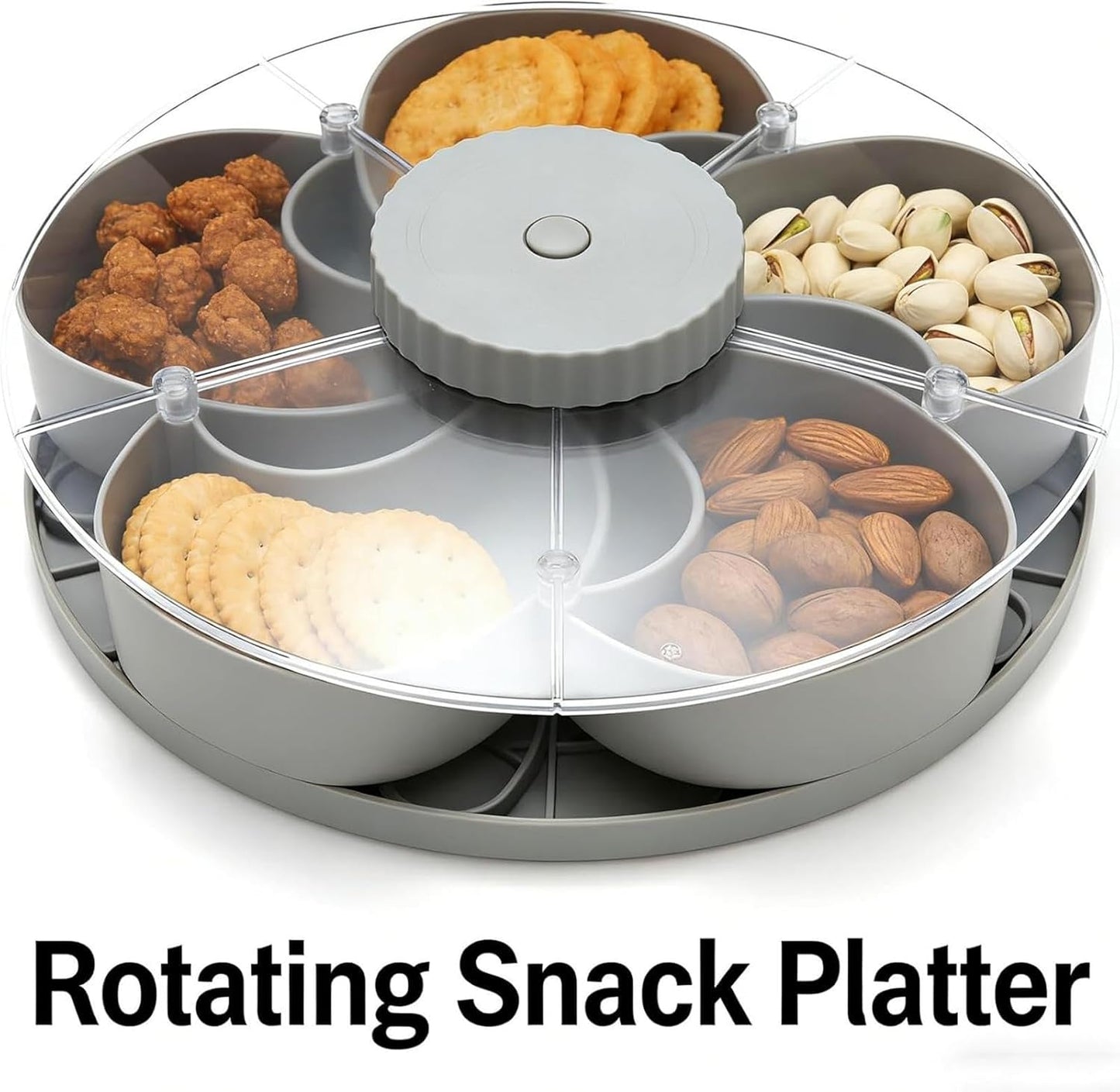 Divided Serving Tray that Spins - Perfect for Snacks, Dips & Party Appetizers, Rotating Snack Box Container with Lid, Organizer Veggie Fruit Tray for Kitchen,Travel and Picnic (Grey)