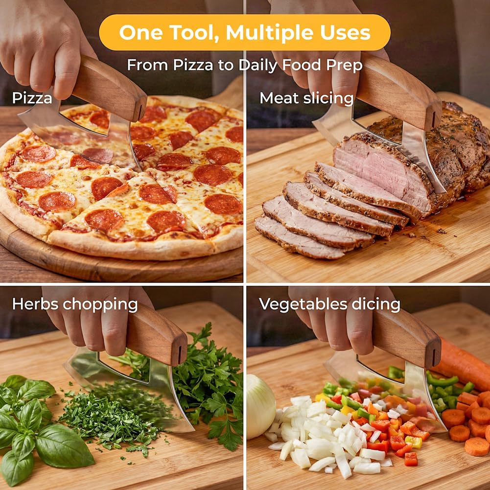Alaskan Mezzaluna Ulu Knife, Sharp Rocker Mezzaluna Knife with Stand for Cutter Pizza, Meat, Vegetables, Herb, Salad, Chopper with Holder Base(COLOR:Walnut wood)