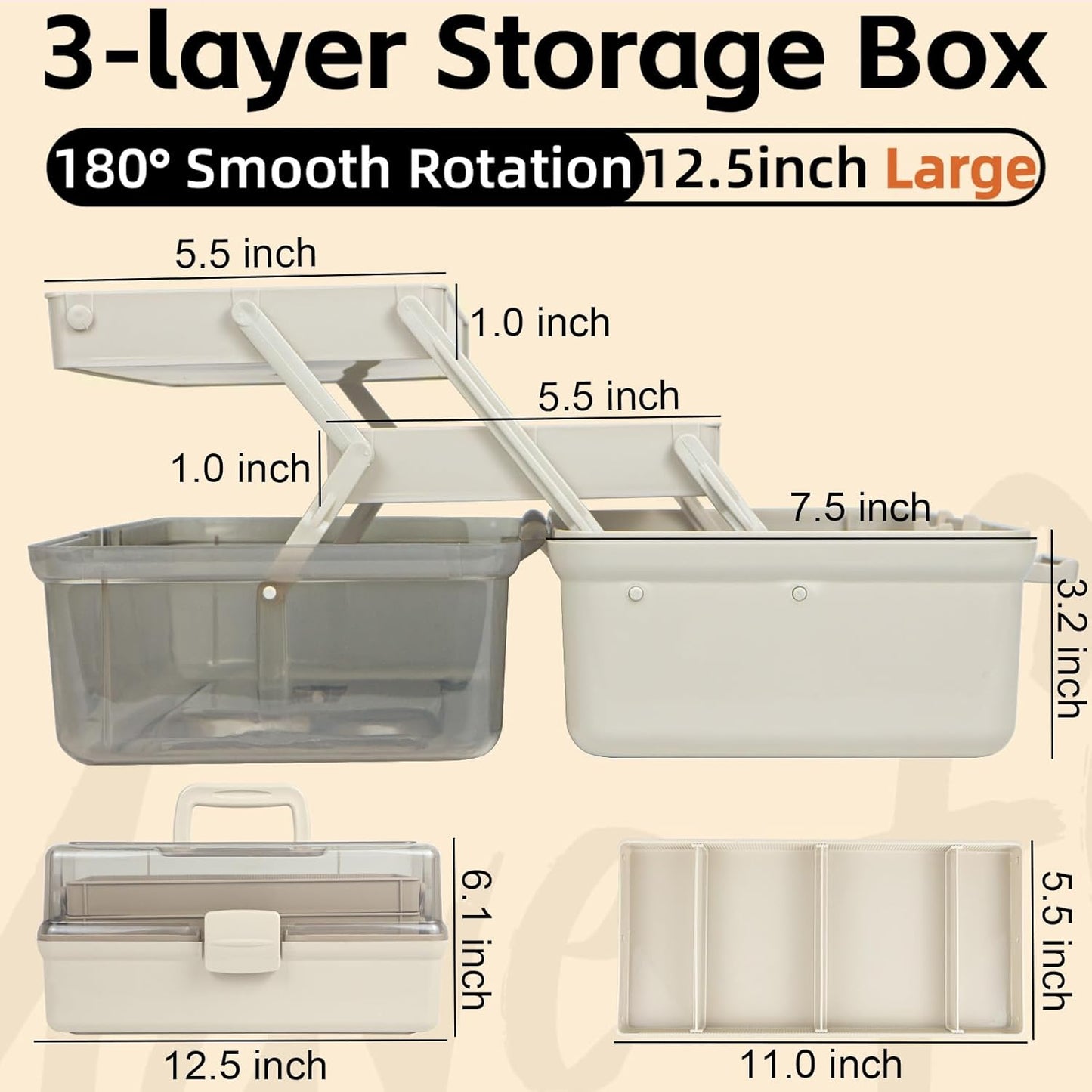 TERGOO 12.5in 3-Layer Multipurpose Craft Organizers and Storage with Adjustable Dividers, Portable Tackle Box, Folding Art & Craft Case for Medicine, Tool, Sewing Organizer (White)
