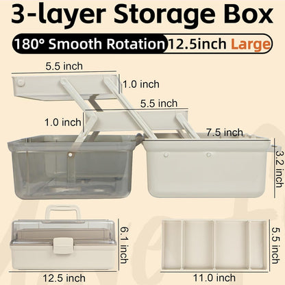 TERGOO 12.5in 3-Layer Multipurpose Craft Organizers and Storage with Adjustable Dividers, Portable Tackle Box, Folding Art & Craft Case for Medicine, Tool, Sewing Organizer (White)