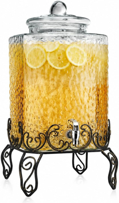 3 Gallon Glass Drink Dispenser with Metal Stand & Lid – Hammered Beverage Dispenser with Leakproof Spigot, Wide Mouth for Easy Fill – Ideal for Parties, Lemonade, Iced Tea, Sangria & More