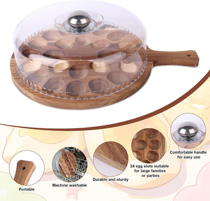 Deviled Egg Containers with Lid & Handle, Round 24 Holes Plate Wooden Carrier Deviled Egg Platter Serving Tray Food Containing Holder Dish for Home Party Supply