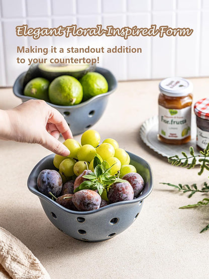Gomakren Berry Bowls with Holes Ceramic, Berry Washing Bowl Basket Set of 2, 5.8 Inch Round Fruit Bowl Storage Containers, Strawberry Baskets, Farmhouse Kitchen Decor, Yellow + Brown