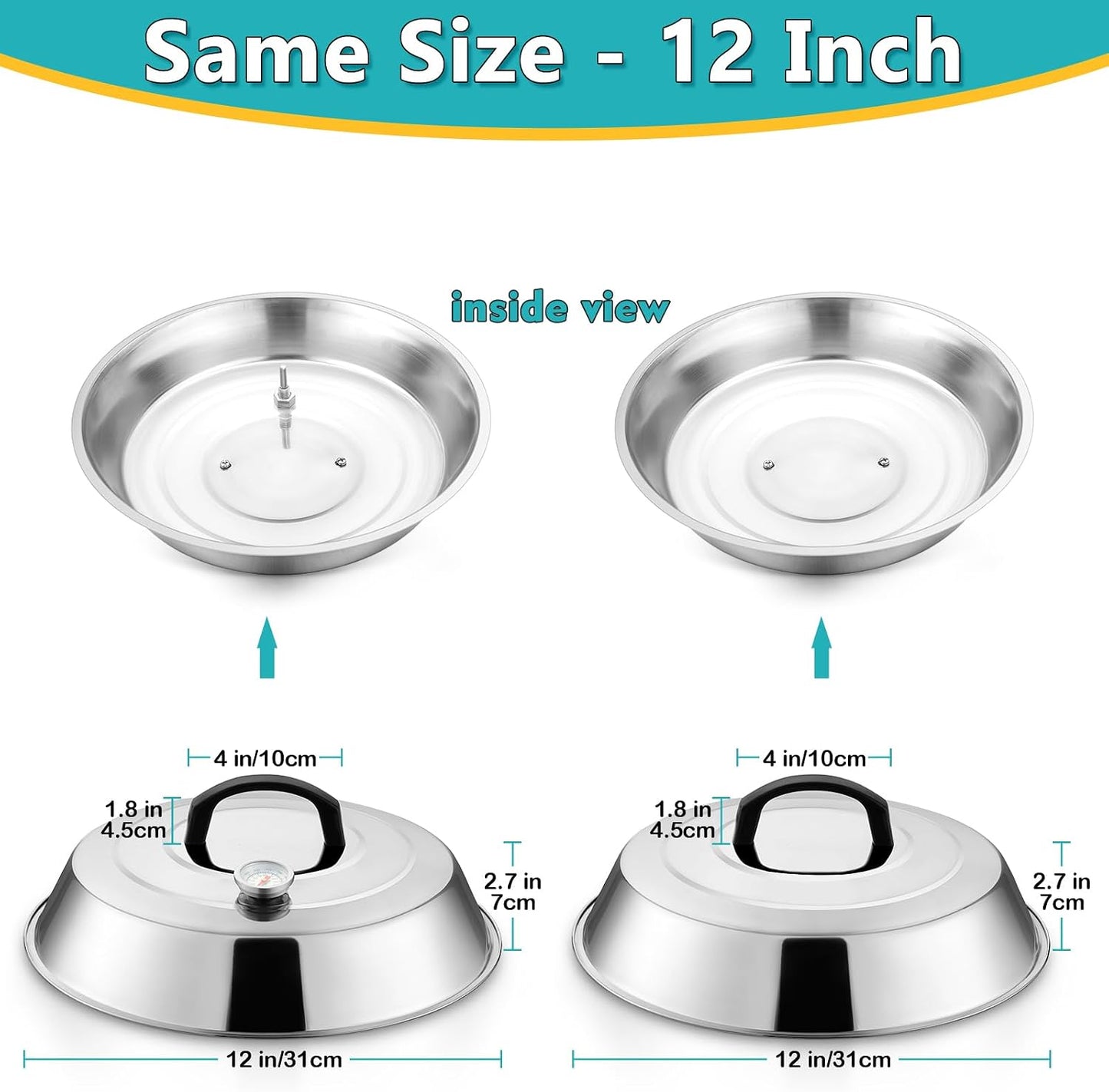 HaSteeL Cheese Melting Dome Set of 2, 12 Inch Round Basting Cover Metal Steam Cover, Stainless Steel Griddle Accessories for Flat Top Grill/Outdoor BBQ/Kitchen Cooking