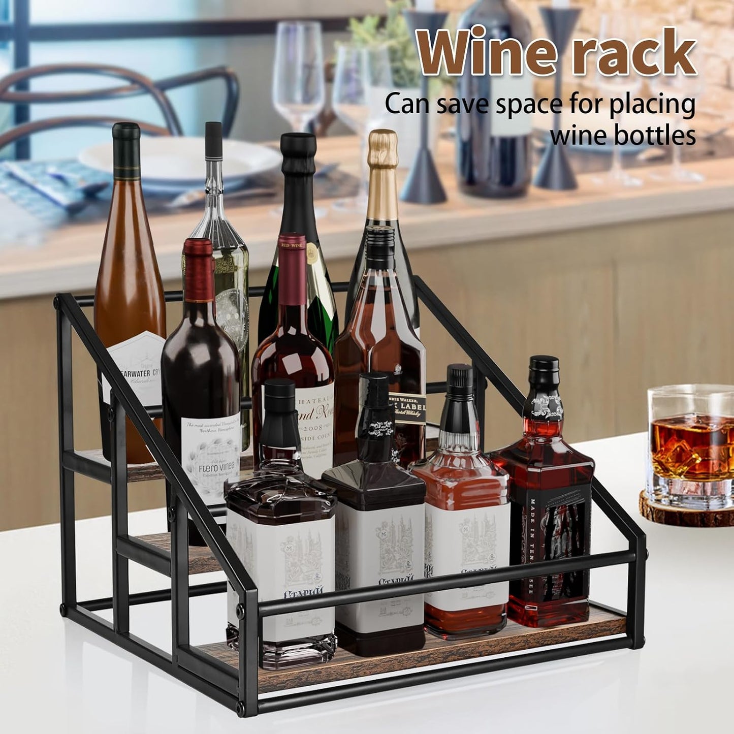 YQBRAO Coffee Syrup Rack Organizer,Liquor Bottle Display Shelf,2-Tier 4 Bottle Stand for Coffee Bar, Kitchen Station, Liquor, Wine, Dressing,Rustic Brown