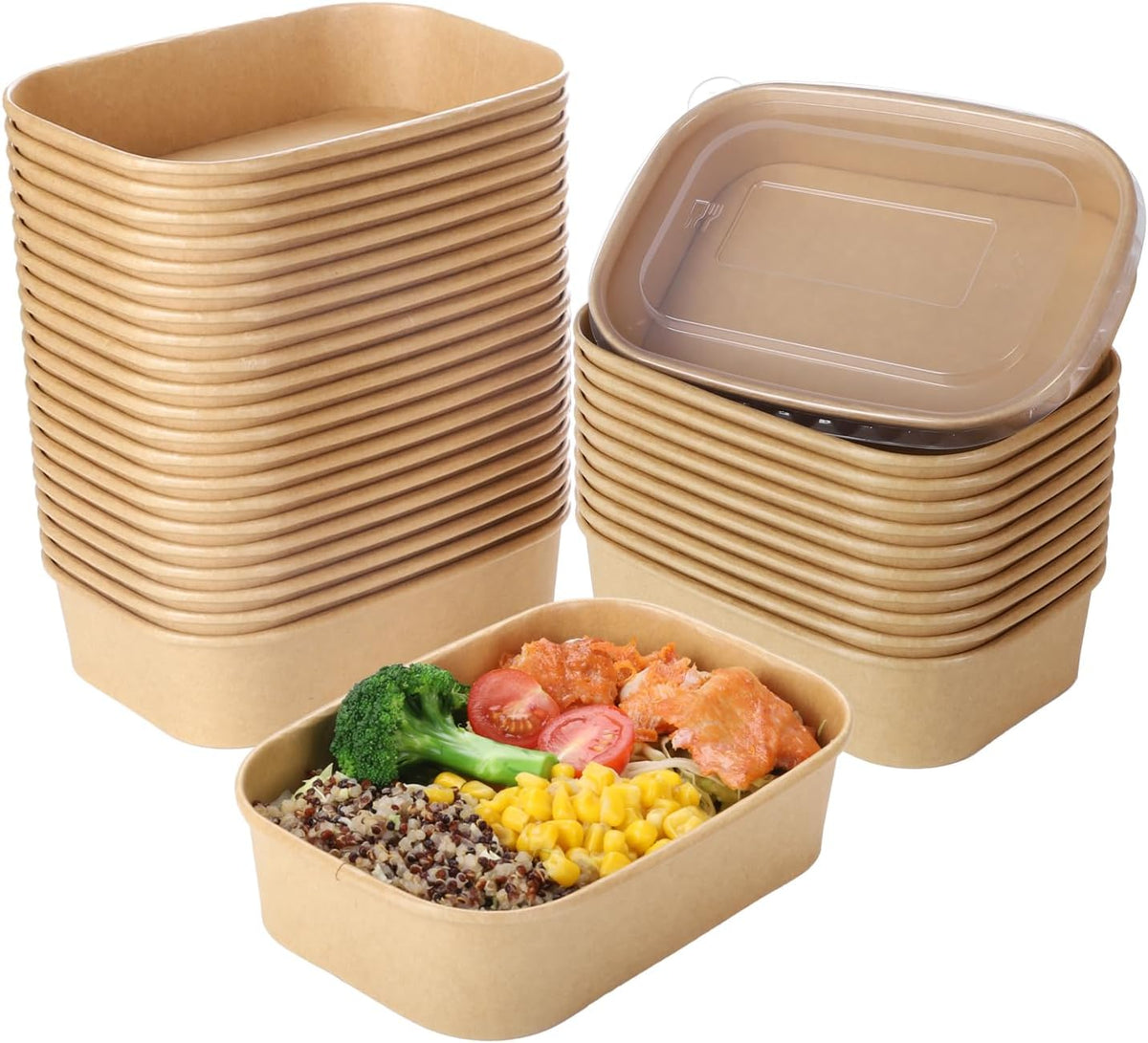 50 Sets 25oz Disposable Kraft Paper Bowls with Lids, Rectangle