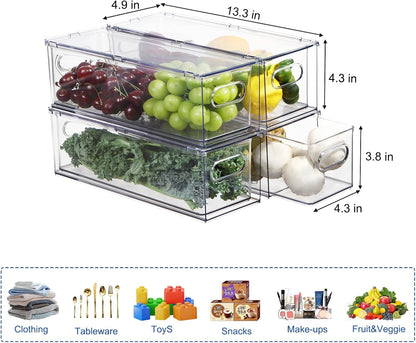 Fridge Organizers and Storage Pull Out Drawer, 2 Small | Stackable, Clear, Fruit and Veggies Containers, for Kitchen, Cabinet
