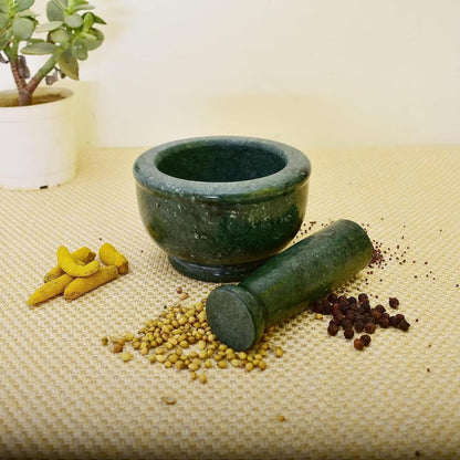 Zig Zag 4 Inch Natural Granite Marble Mortar and Pestle Set Solid Green Stone Marble Grinder for Guacamole, Herbs, Spices, Medicine