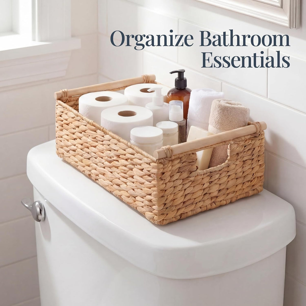 Best Choice Products Wicker Storage Basket, Shelf Organizer Basket w/Wooden Handles, Woven Rectangular Storage Bin, Natural Water Hyacinth for Pantry, Closet, Laundry Room, & Living Room - Chestnut