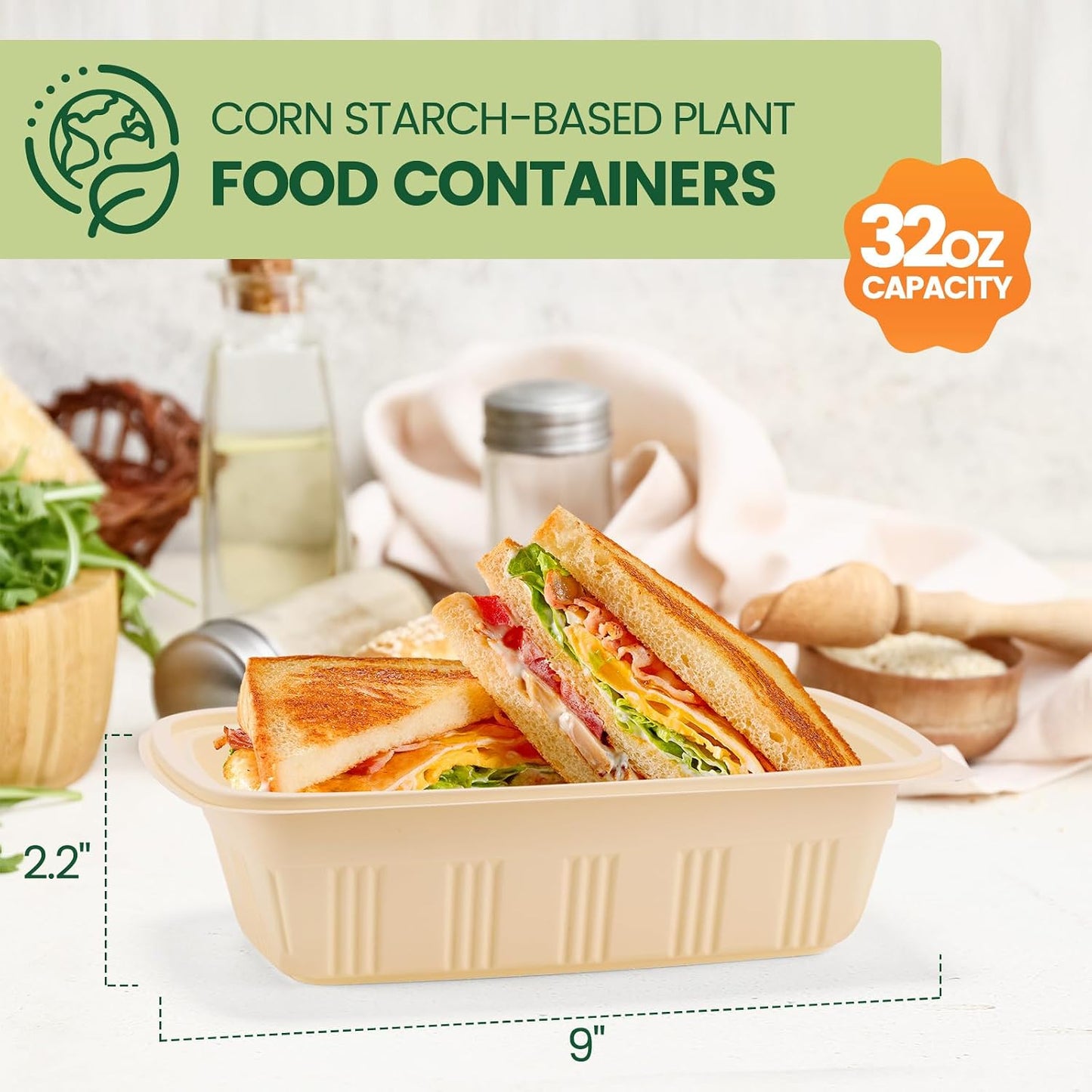 100 Piece (50 Pack) Meal Prep Containers Reusable - 2 Compartment 32 oz Cornstarch Snack Containers with Lids - Plastic Food Storage Salad Containers - To Go Lunch Box - Microwave & Freezer Safe