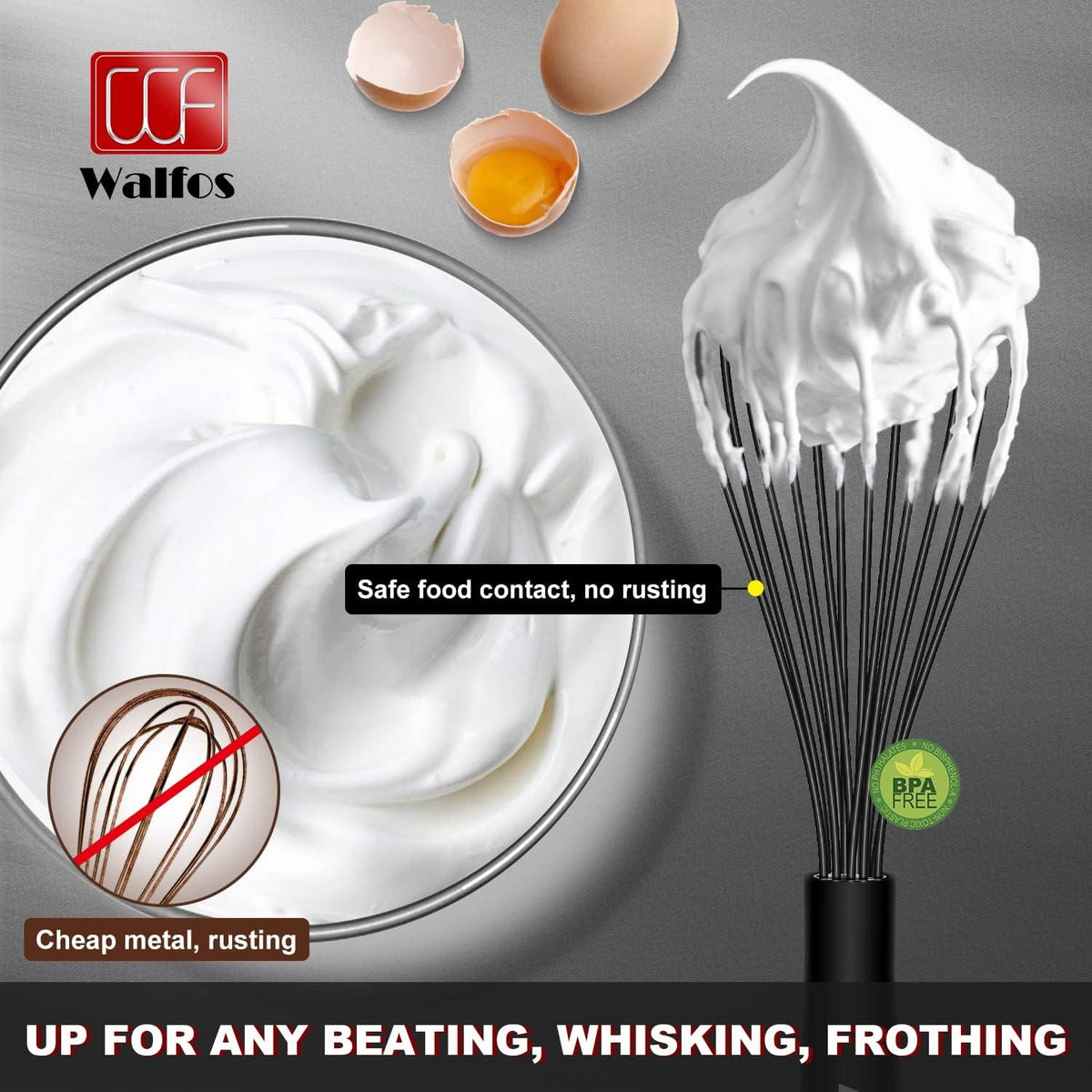 Walfos Silicone Whisk,Stainless Steel Wire Whisk -Heat Resistant 480°F Kitchen Whisks for Non-stick Cookware,Balloon Egg Beater Perfect for Blending,Whisking,Beating,Frothing & Stirring,Black