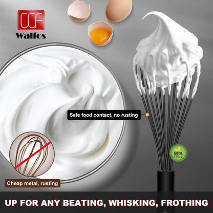 Walfos Silicone Whisk,Stainless Steel Wire Whisk -Heat Resistant 480°F Kitchen Whisks for Non-stick Cookware,Balloon Egg Beater Perfect for Blending,Whisking,Beating,Frothing & Stirring,Black